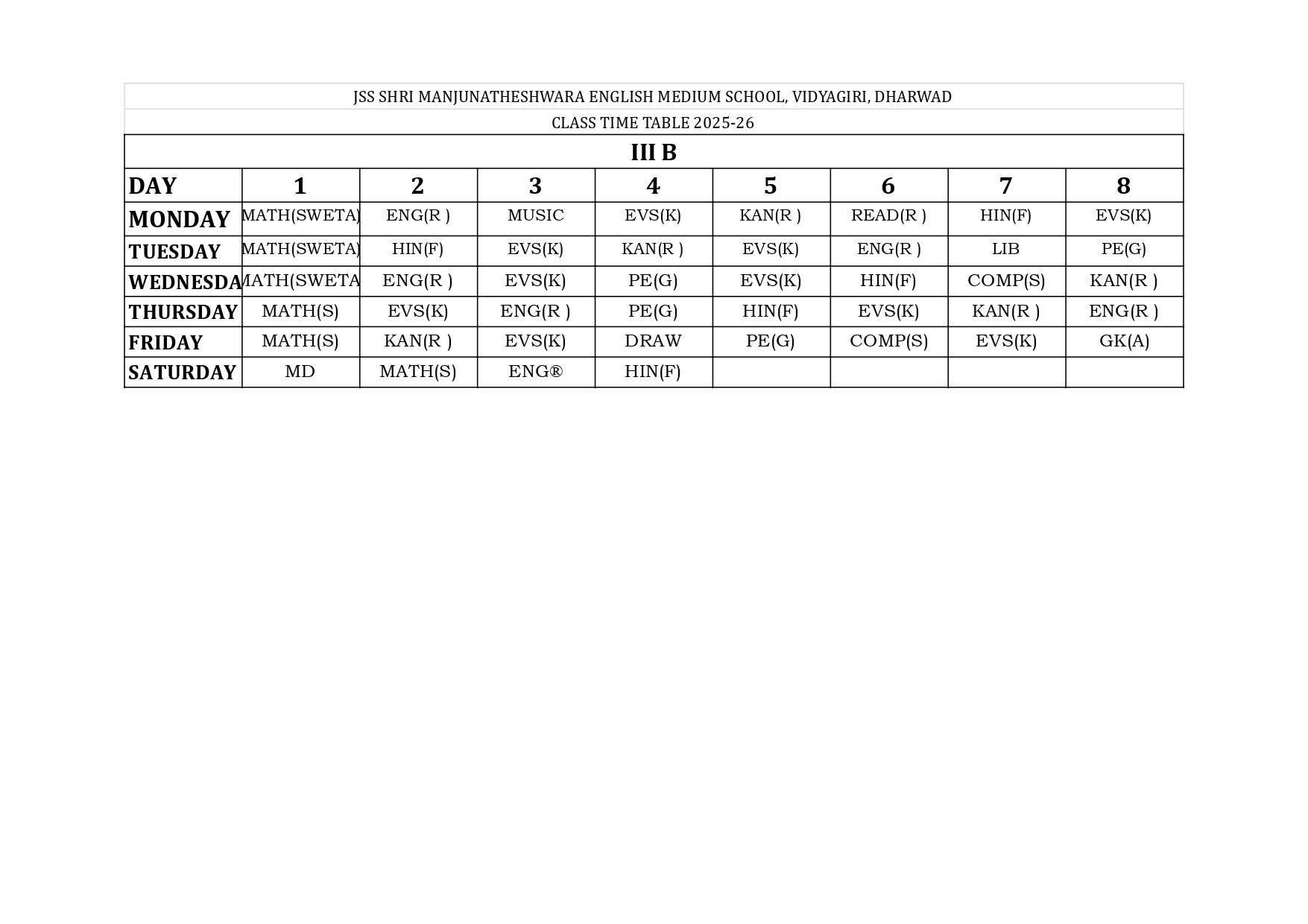 Timetable