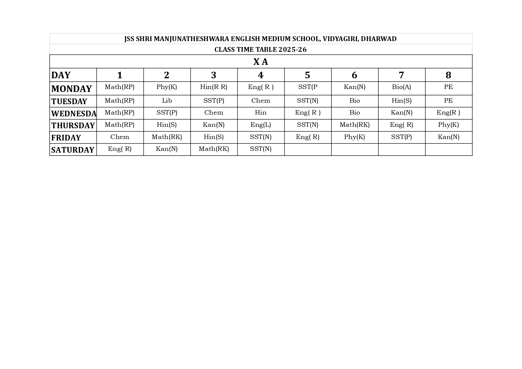 Timetable