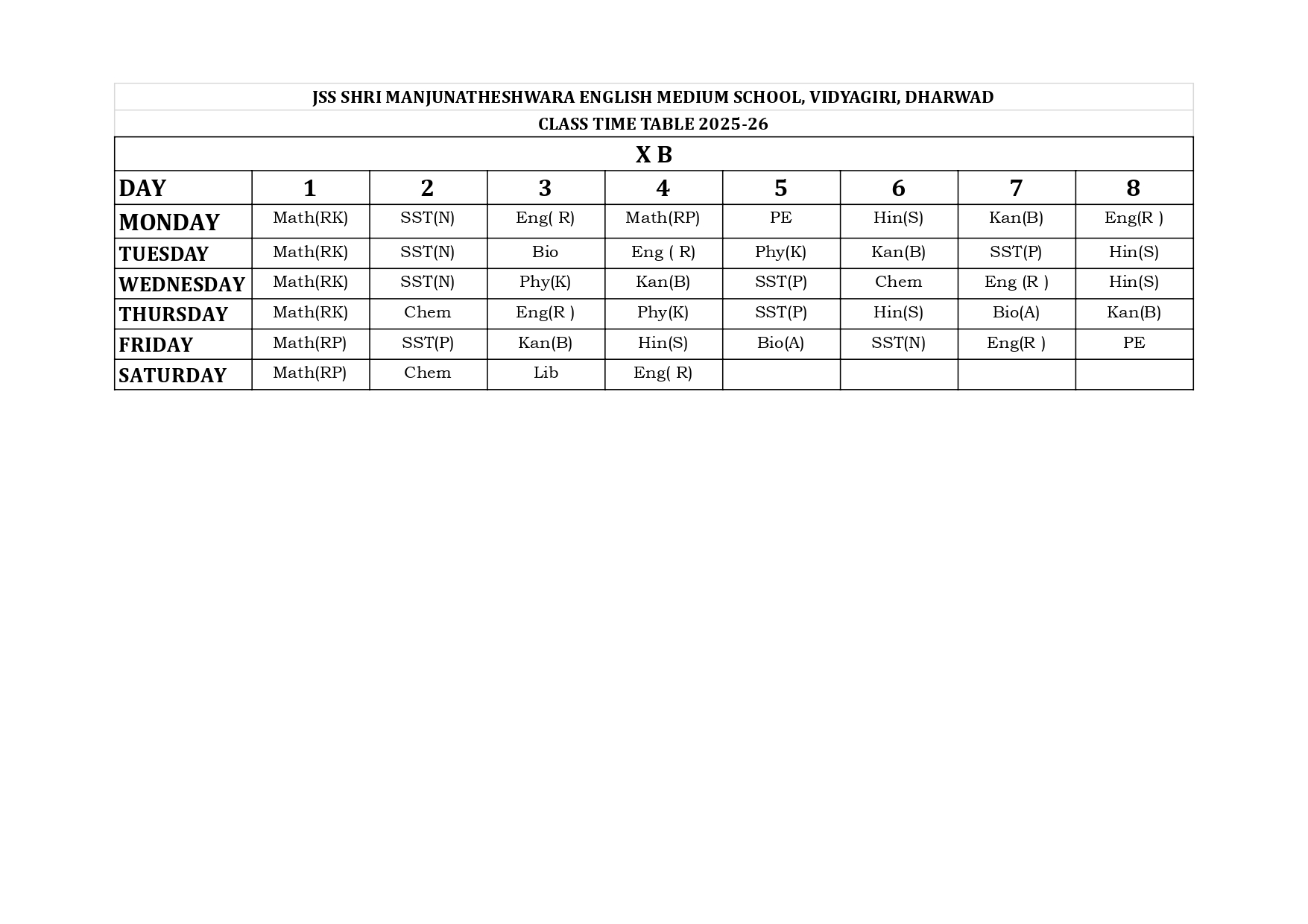 Timetable