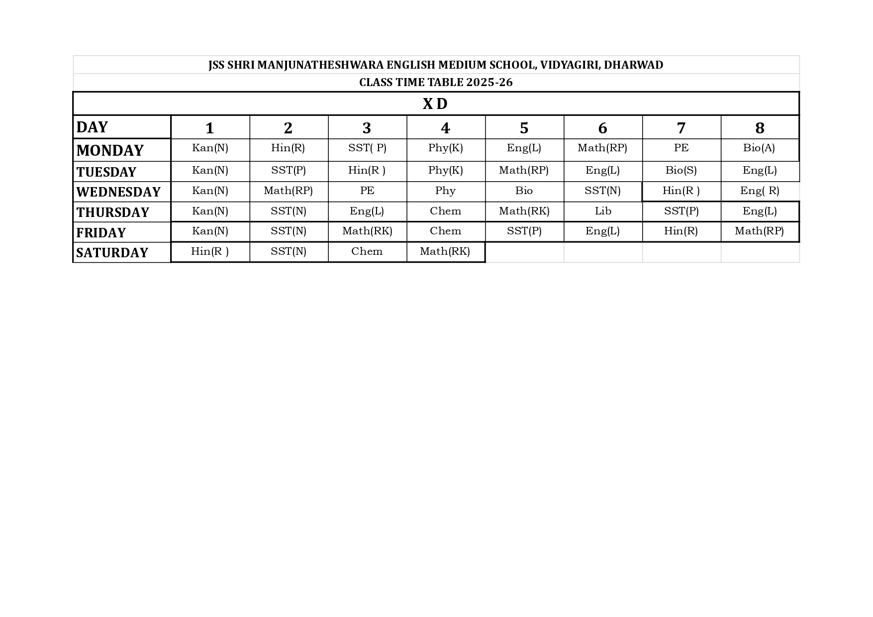 Timetable
